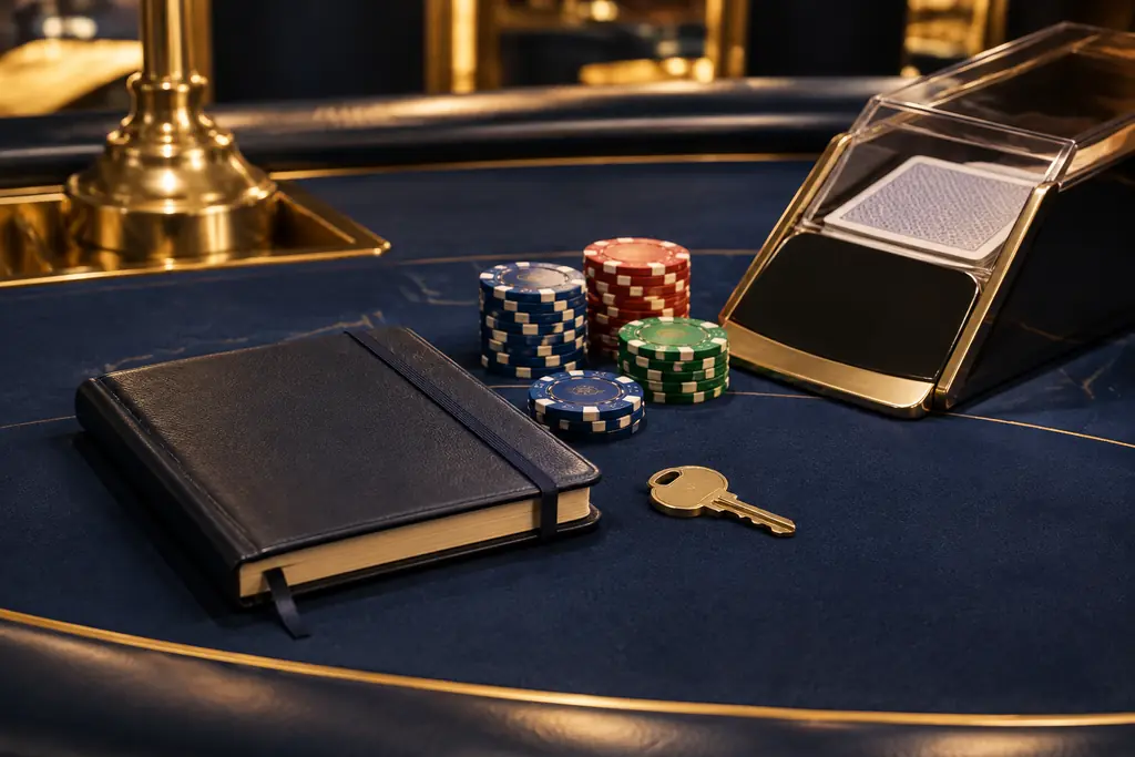 Buku catatan, kunci dan cip di meja casino