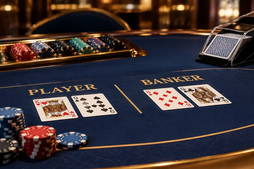 Meja baccarat dengan kartu terbuka dan tumpukan cip