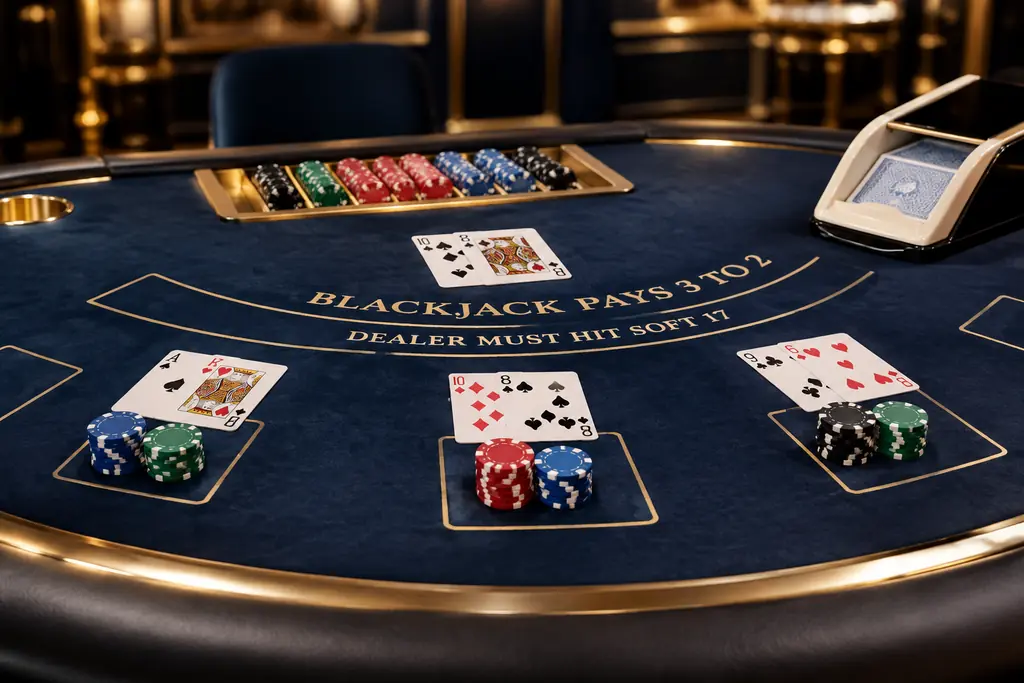 Kartu dan cip di meja blackjack casino