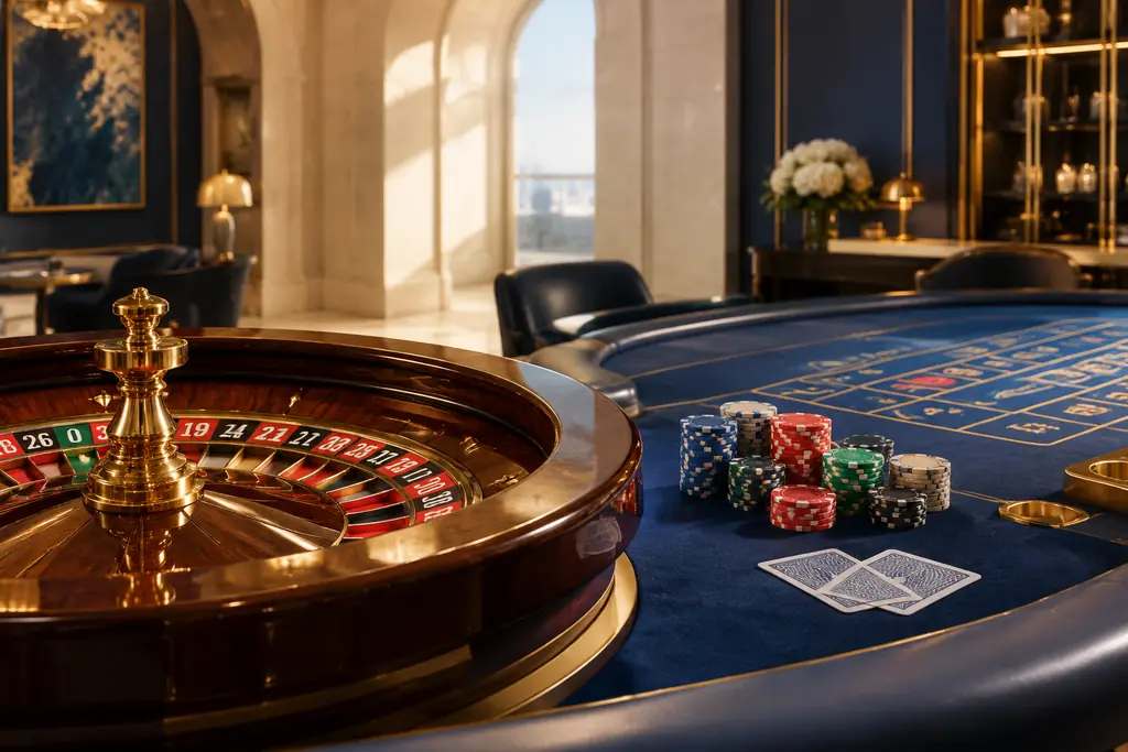 Meja roulette, kartu dan cip di ruang casino berwarna krem dan biru tua