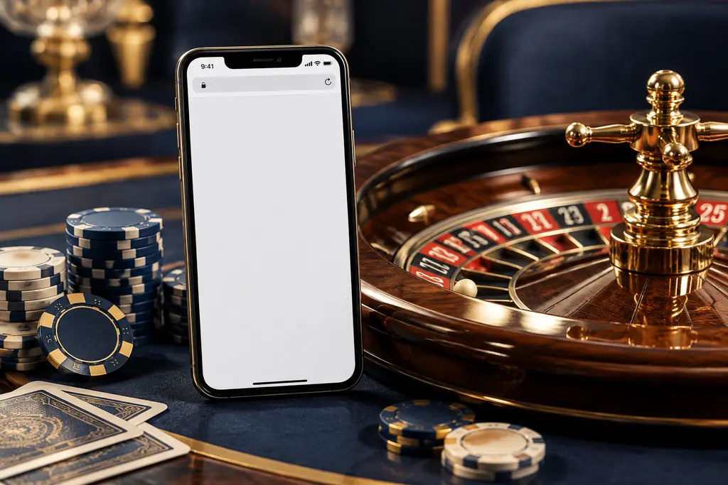 Ponsel di samping roda roulette dan cip casino