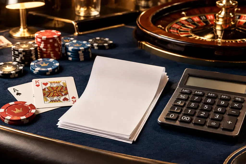 Catatan transaksi dan cip pada meja casino