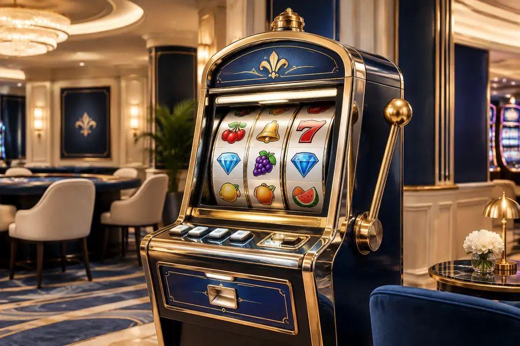 Mesin slot casino dengan simbol buah dan permen