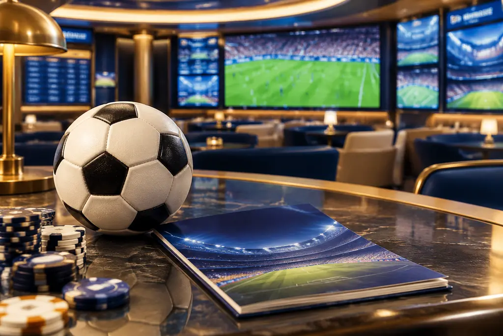 Peralatan sepak bola dan layar arena pada sudut sportsbook casino
