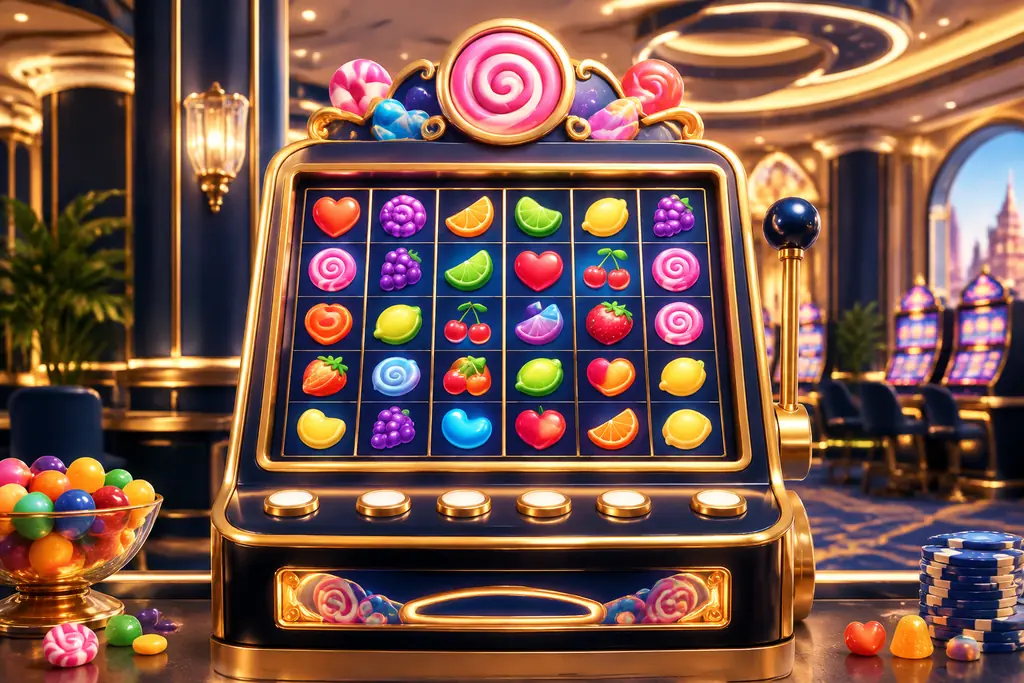 Mesin slot bertema permen di ruang casino
